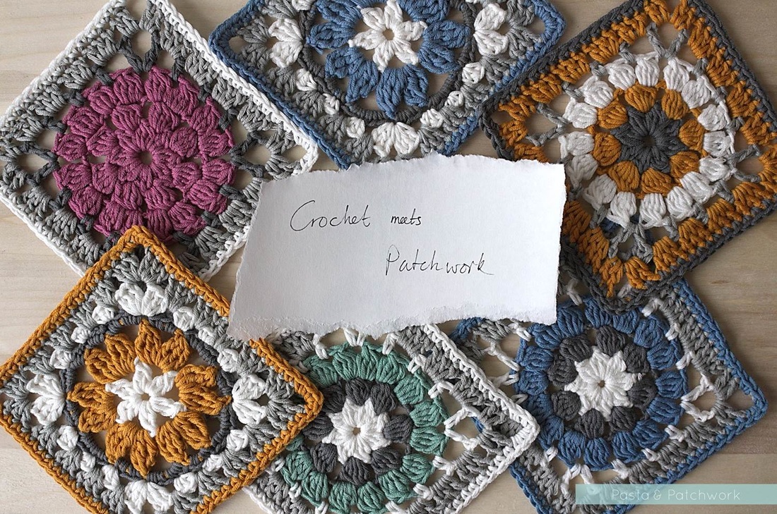 Crochet meets Patchwork blanket: Anemone and Dally Dahlia Squares by Eline Alcocer.´Link to free patterns included in post.
