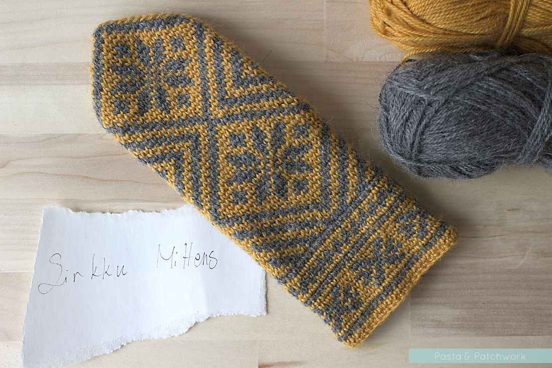 Sirkku Mittens in grey and mustard. Link to pattern included in post.